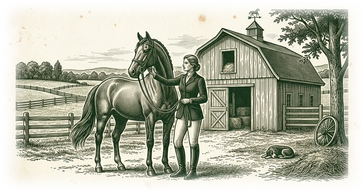 Equestrian Woodcut Engraving: Rider standing beside Thoroughbred mount near rustic barn